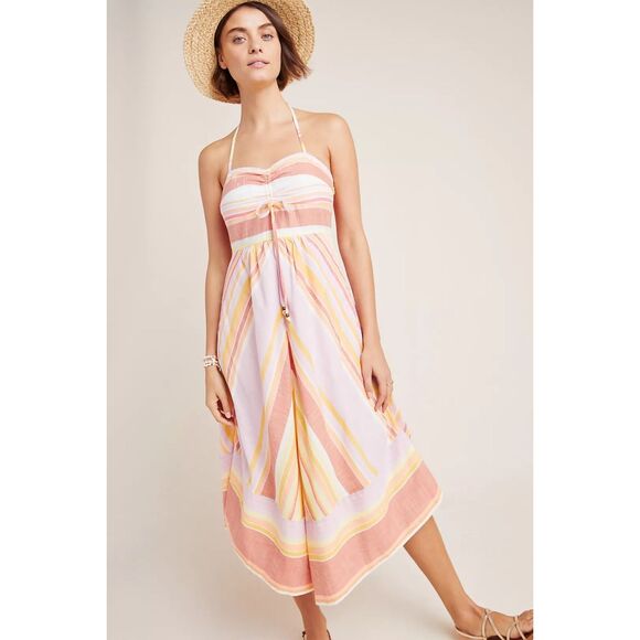 Anthropologie Savannah Halter Midi Dress size 0 Yellow Pink - Picture 1 of 12